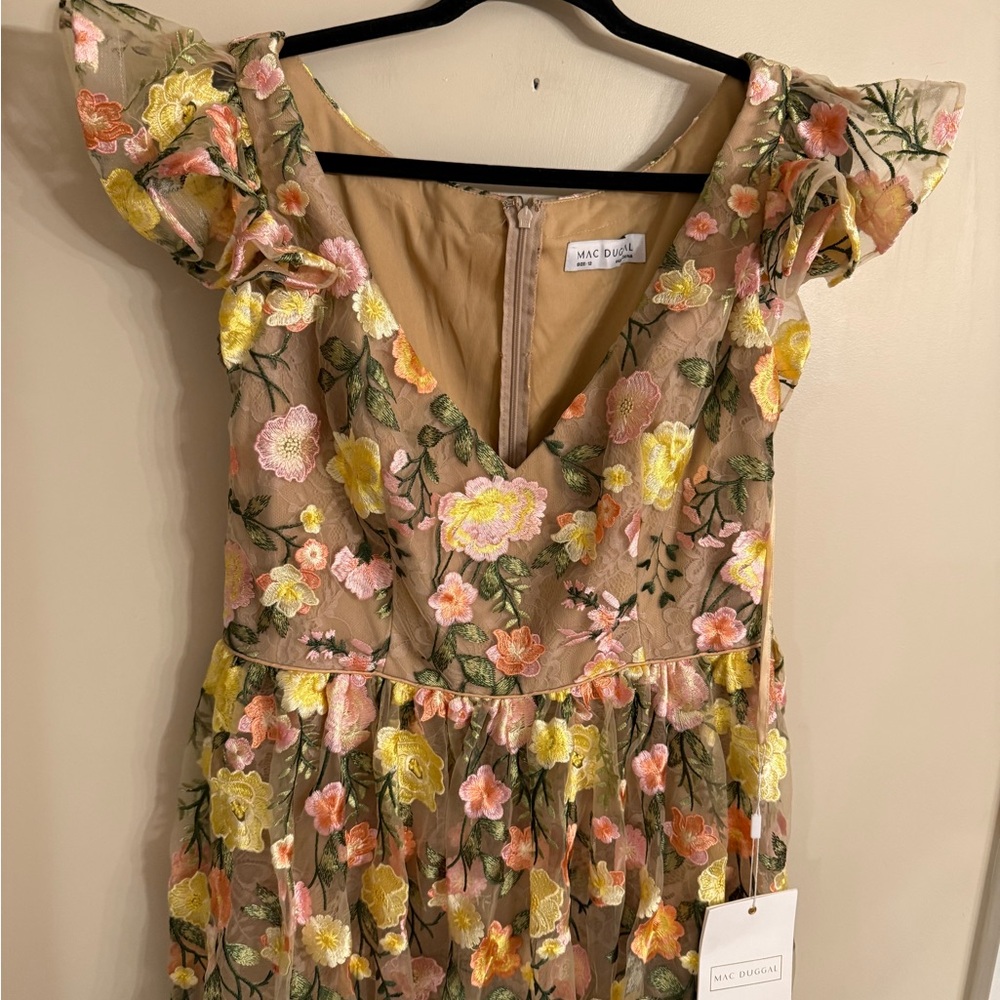 Mac Duggal Floral Embroidered Maxi Dress in Beige, Pink & Yellow